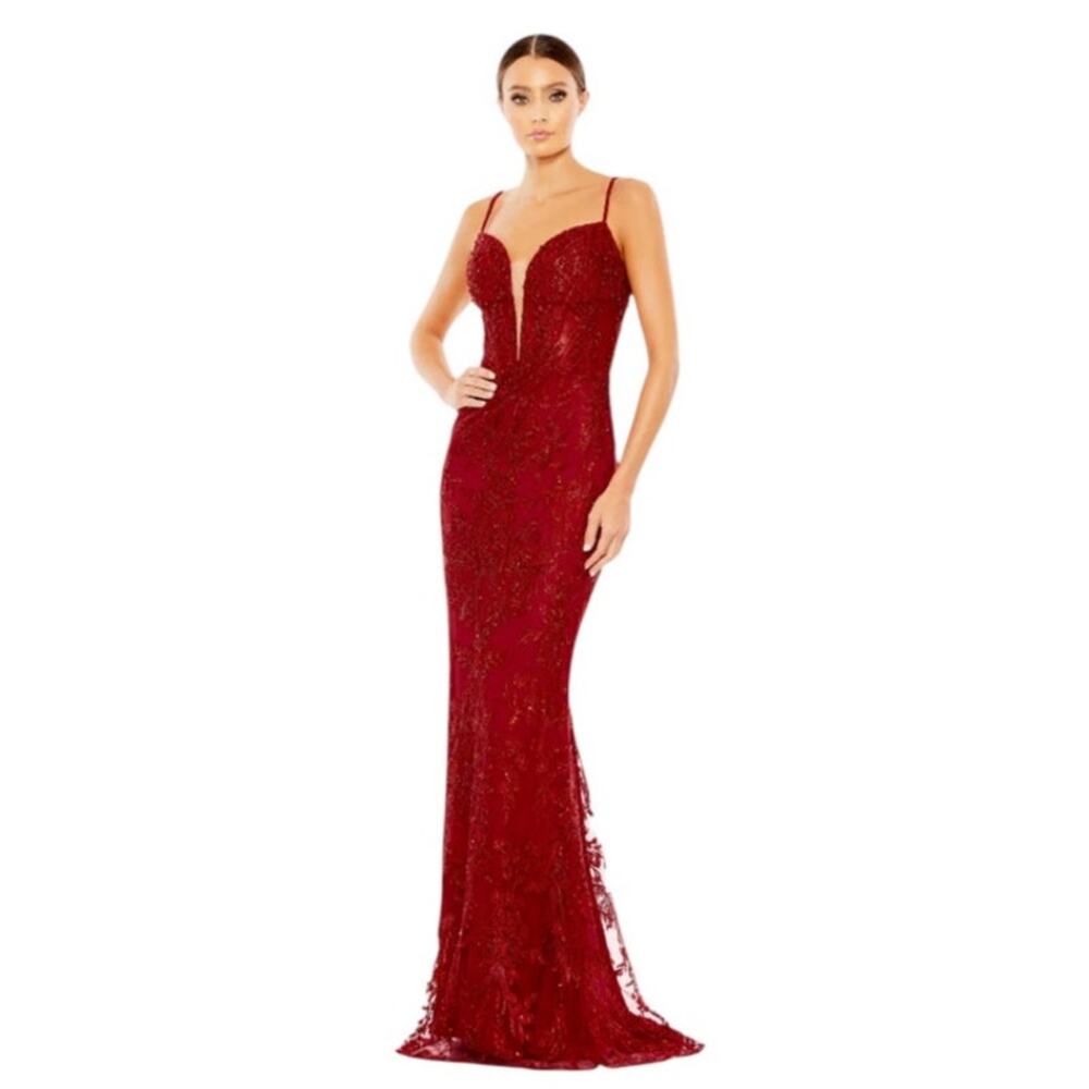 Mac Duggal Burgundy Beaded Spaghetti Strap Maxi Gown - Picture 2 of 12